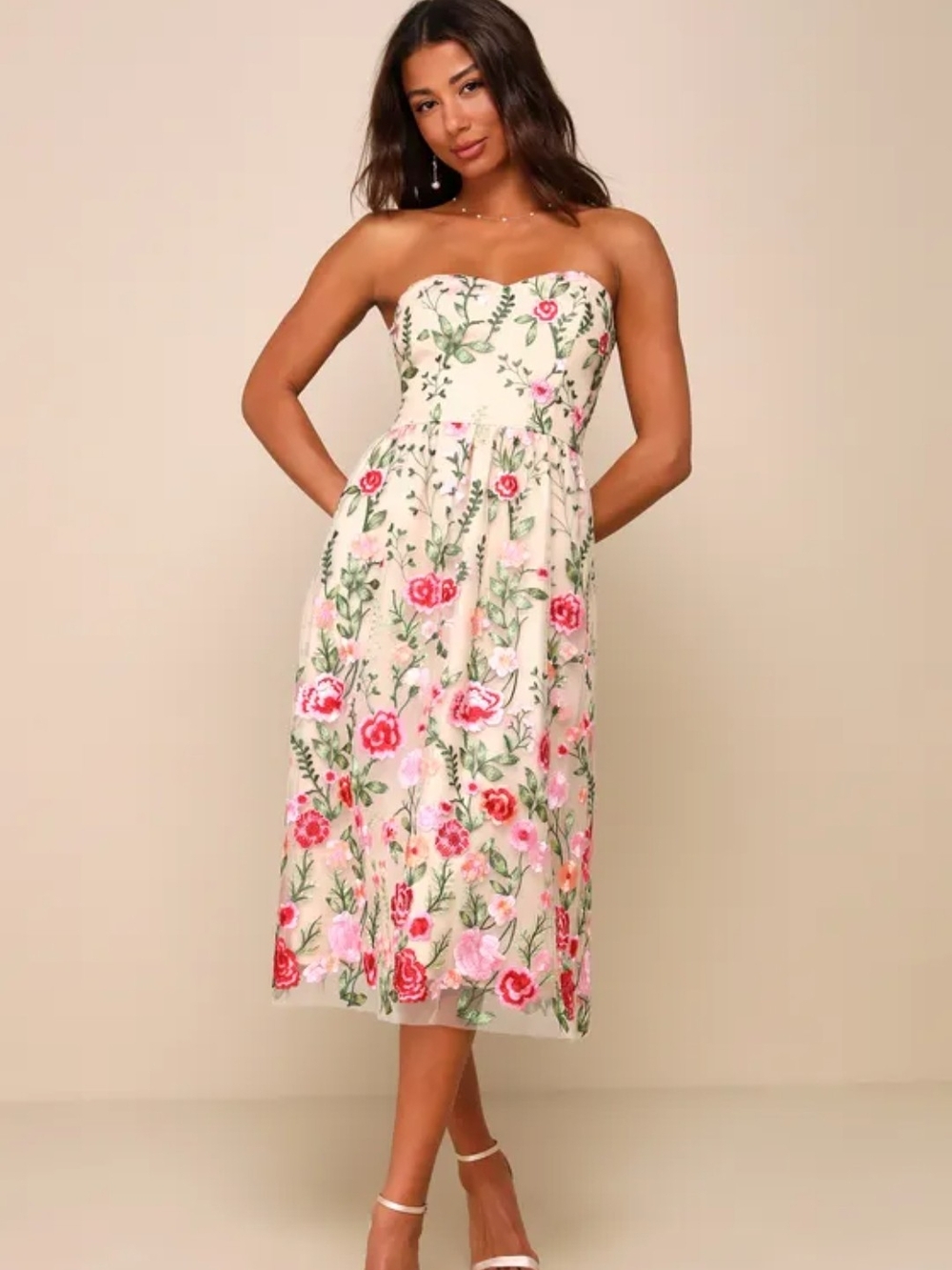 🆕 Endless Praise Beige Floral Embroidered Strapless Midi Dress